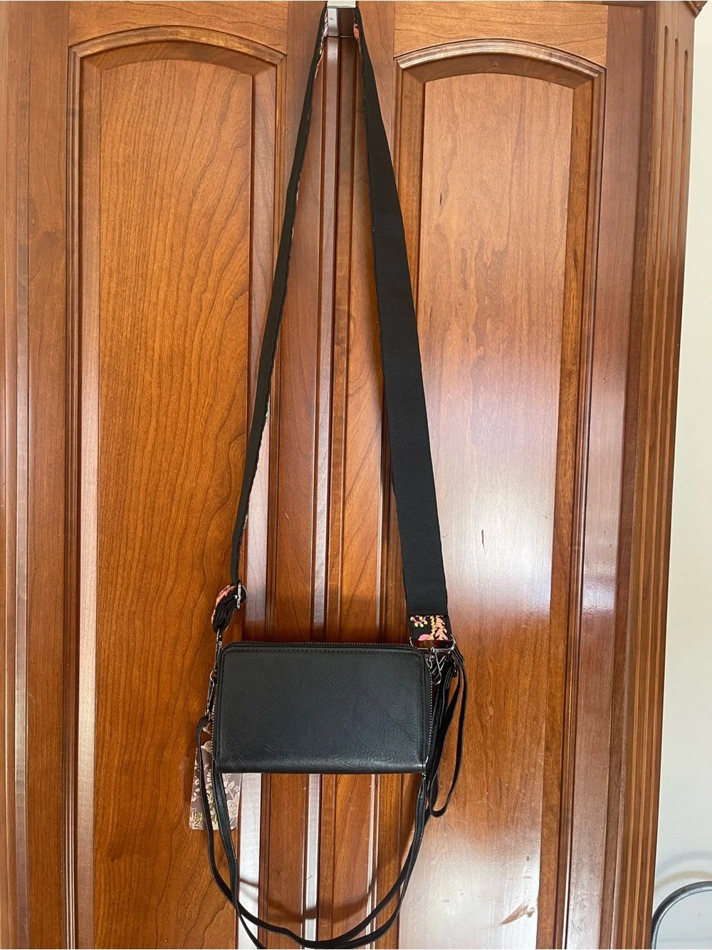 Black Crossbody Bag with Embroidered Floral Strap